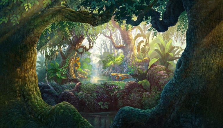 Magical realism: An enchanting, sunlit forest scene, framed by gnarled tree trunks. A calm stream flows through the center, where orange butterflies rest on a mossy rock in a pool of ethereal light.