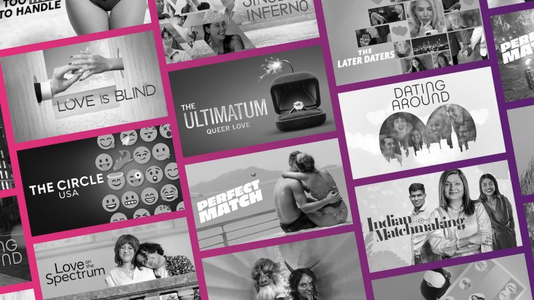 A vibrant collage showcasing various reality TV dating shows. The images are in black and white with bright magenta borders. Prominently featured show titles include "Love is Blind," "The Ultimatum: Queer Love," "Indian Matchmaking," "Perfect Match," and "Dating Around."